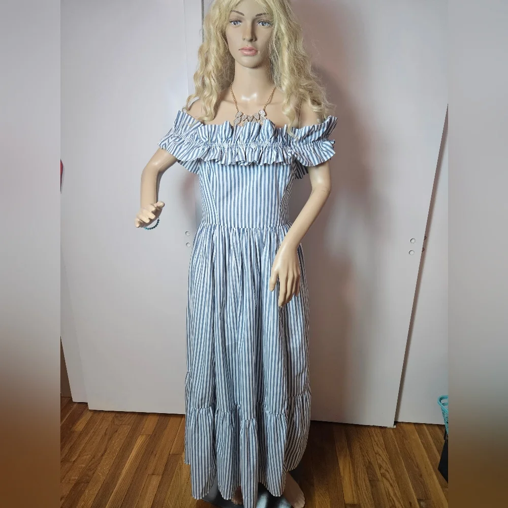Abercrombie & Fitch Blue White StripedOff-the-Shoulder Maxi Dress Small Tall